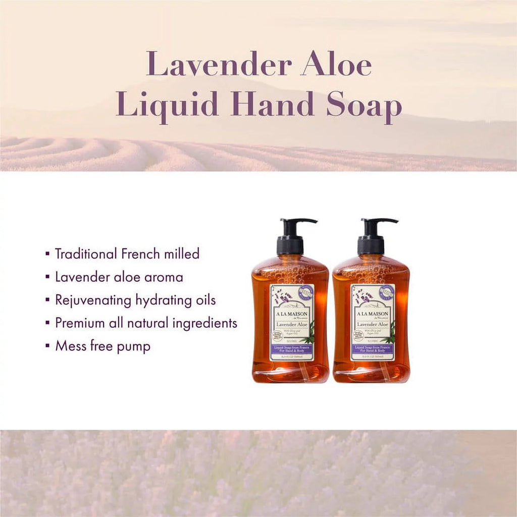 A LA MAISON Lavender Aloe Liquid Hand Soap - Triple French Milled Natural Moisturizing Soap (2 Pack, 16.9 oz Bottle)