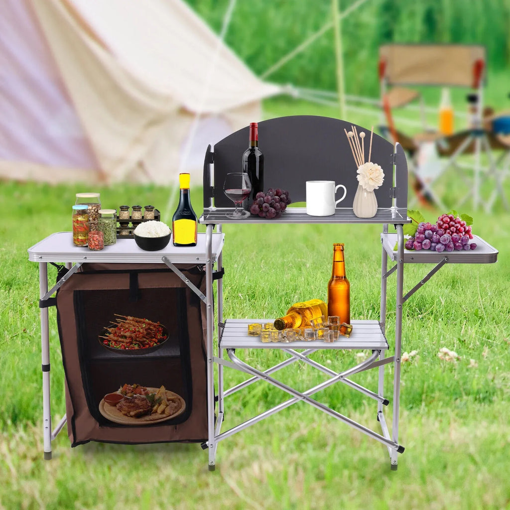 DENEST Folding Camping Kitchen Station Portable Barbecue Table Rack Brown Fabric Cover