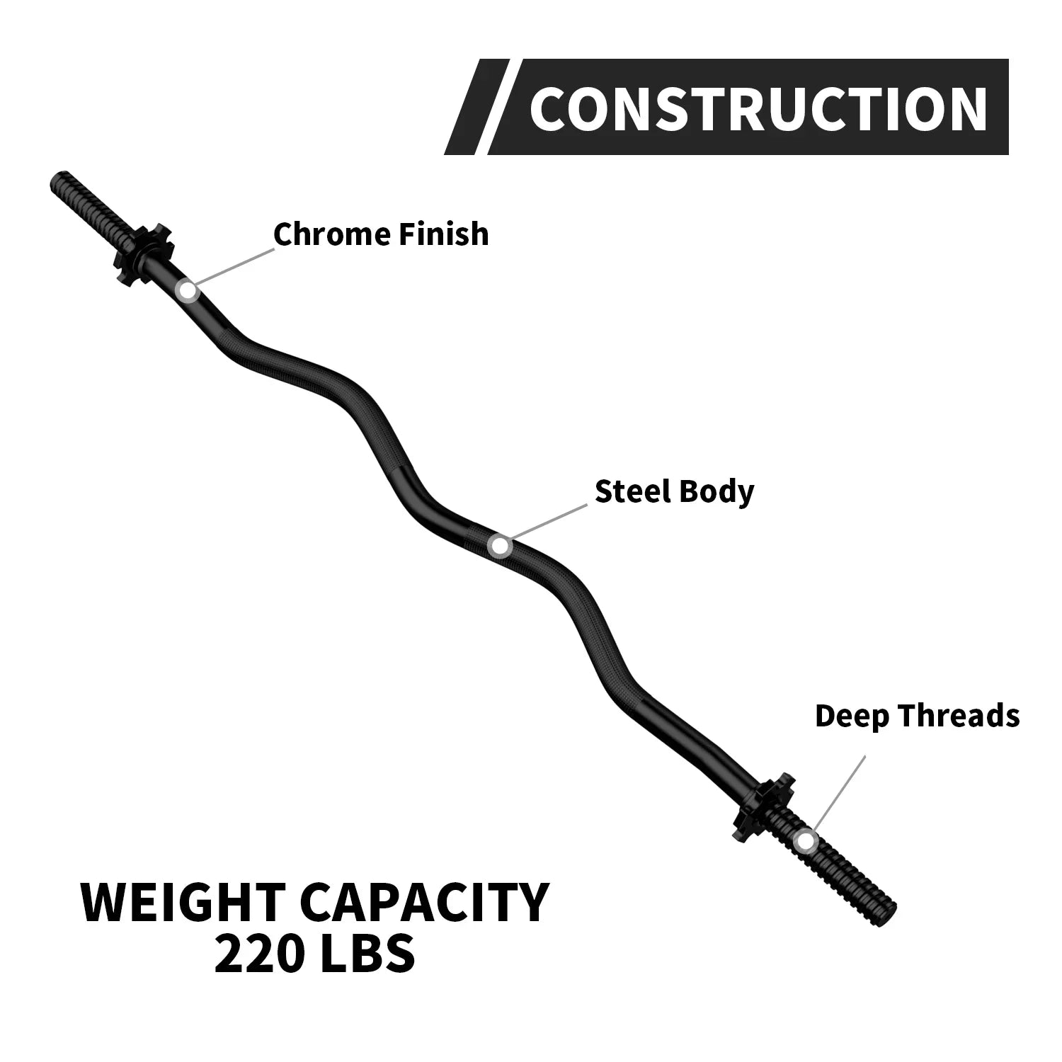 FIXTECH 47'' Olympic Curl Bar with Collars for All Standard Plates, 220-Pound Capacity, Jet