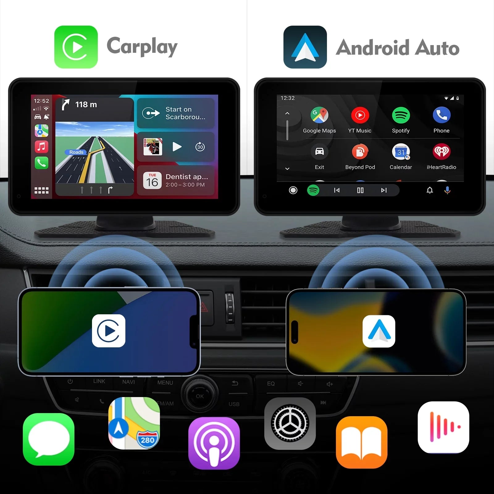 Portable Wireless Carplay & Android Auto Car Stereo, 7 Inch Full HD Car Touch Screen Portable Car Radio Receiver with Bluetooth, FM Transmitter, AUX, Voice Control, Navigation, Backup Camera