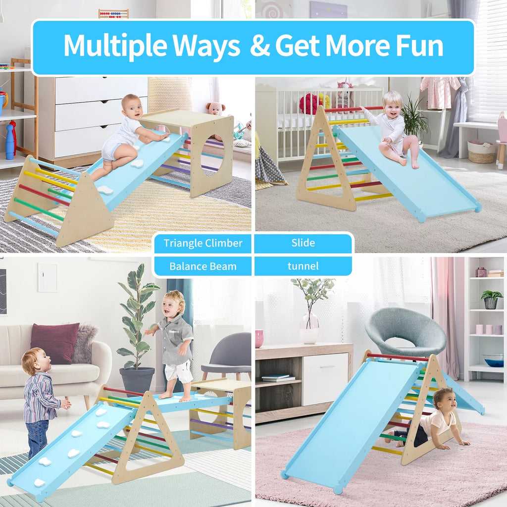 Set of 5 wooden triangle climbing toys indoor for toddler, 1 square and 2 triangle Climber with 2 Ramp for climbing sliding and walking, 5 in 1 toddler play equipment for indoor playground play gym