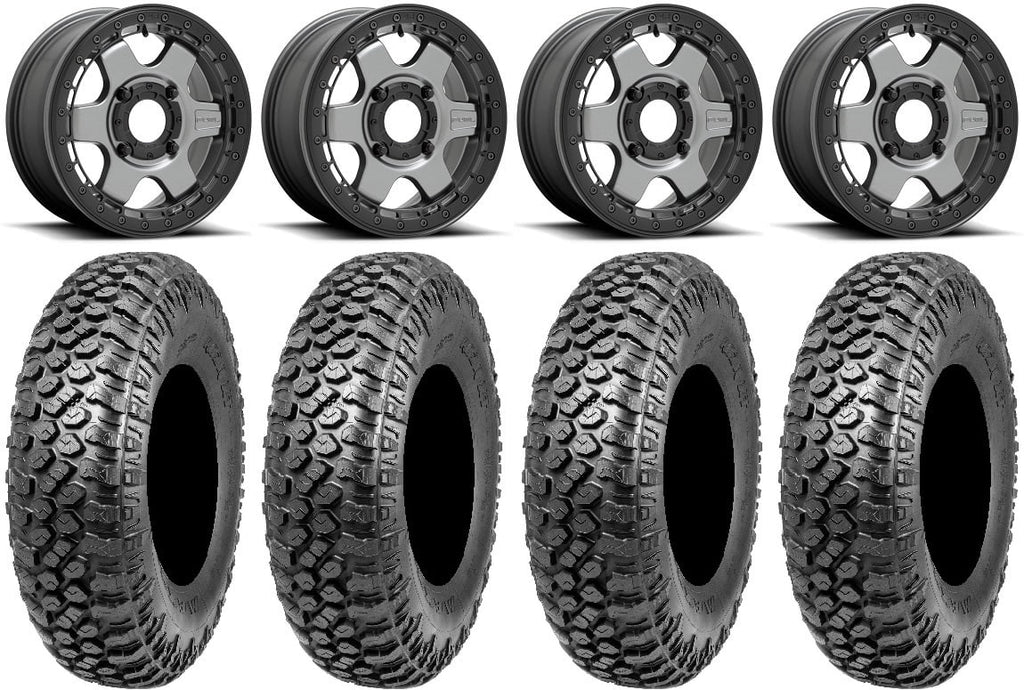 Fuel Block Beadlock 15" Wheels Gunmetal 32" RAZR XT Tires Kawasaki Teryx Mule
