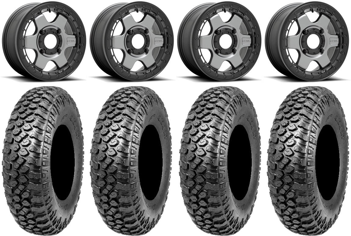 Fuel Block Beadlock 15" Wheels Gunmetal 32" RAZR XT Tires Kawasaki Teryx Mule