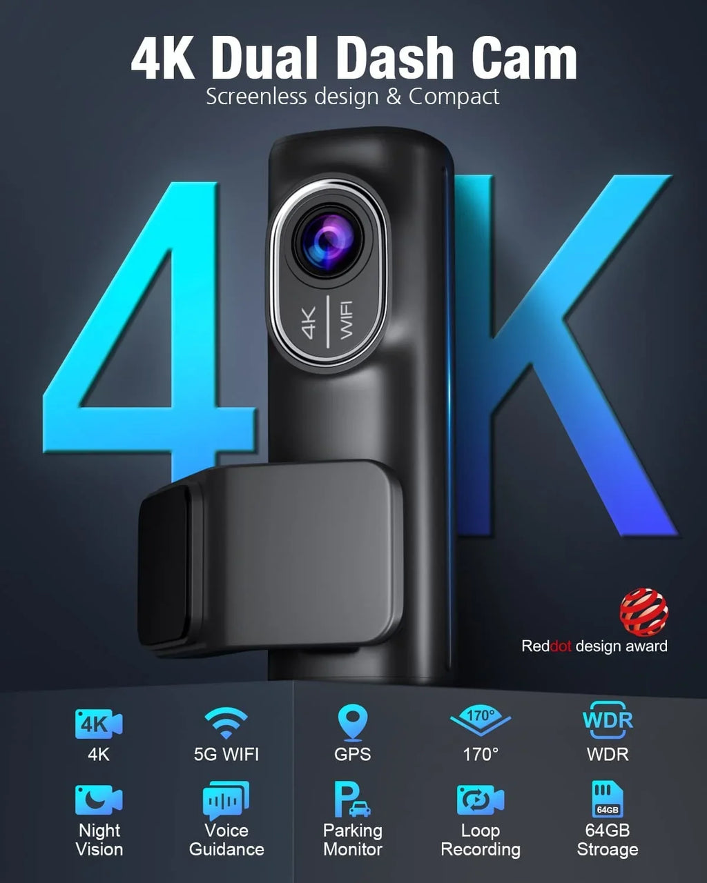 OMBAR Dash Cam Front and Rear 4K/2K/1080P+1080P 5G WiFi GPS for Cars with Free 64G SD Card,WDR Night Vision, 24h Parking Mode,170°Wide, G-Sensor, Loop Recording, APP
