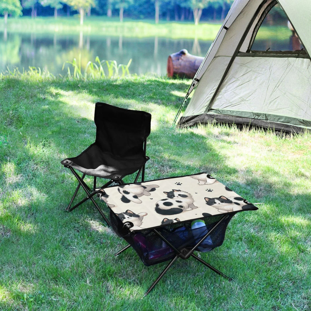 Cute Cat Footprint Camping Folding Table Portable Beach Table with Storage Bag Compact Picnic Table for Outdoor Travel Fishing BBQ