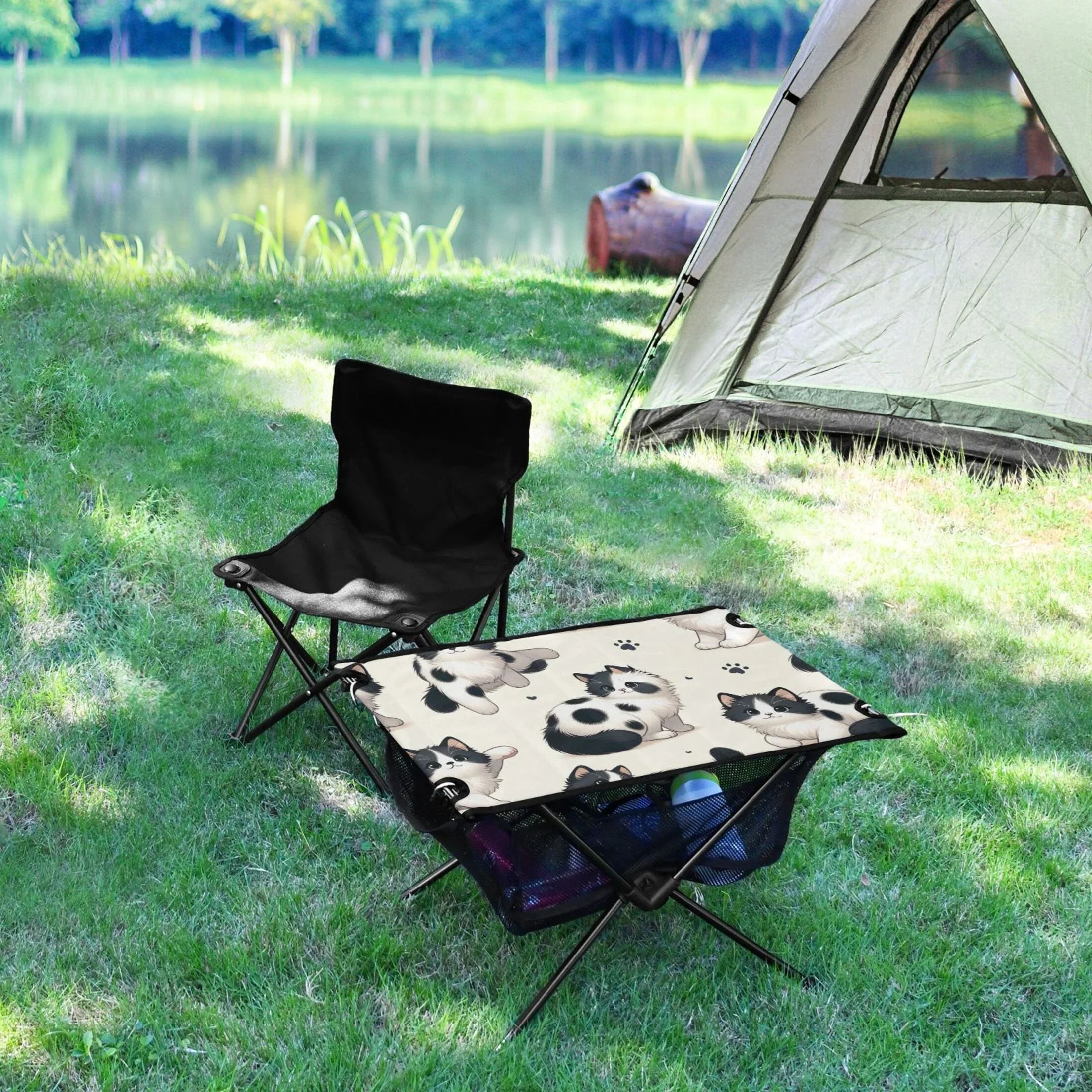 Cute Cat Footprint Camping Folding Table Portable Beach Table with Storage Bag Compact Picnic Table for Outdoor Travel Fishing BBQ