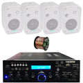 Pyle 200W Compact Wireless Bluetooth USB FM Radio Home Theater Amplifier Receiver System Bundle Combo with 4x 3.5" 300W Indoor/Outdoor White Waterproof Speakers, 16 Gauge 50 Feet Speaker Wire