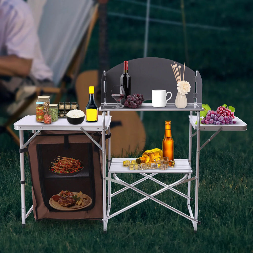 DENEST Folding Camping Kitchen Station Portable Barbecue Table Rack Brown Fabric Cover
