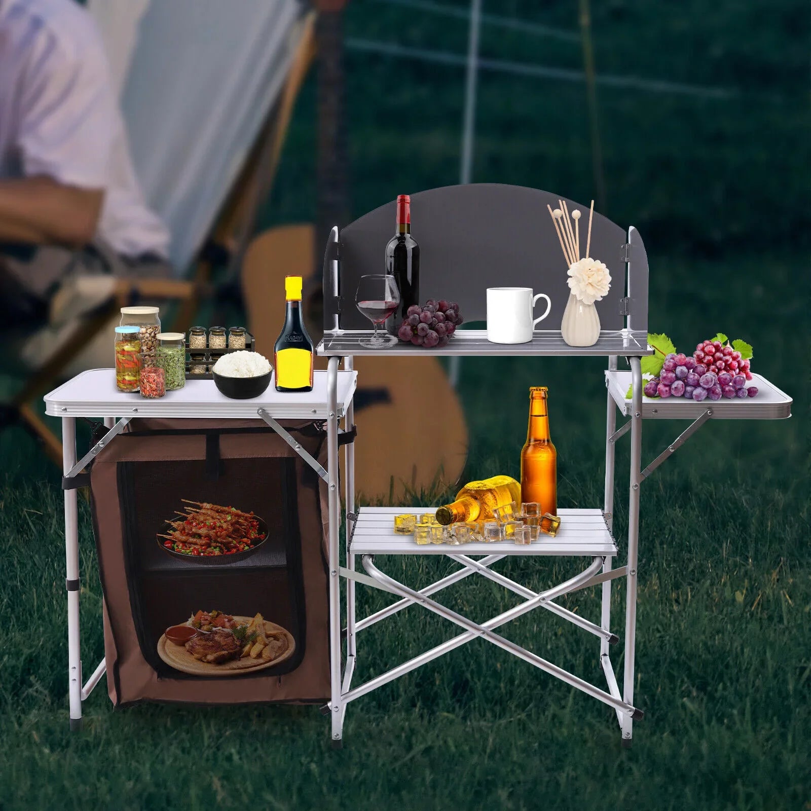 DENEST Folding Camping Kitchen Station Portable Barbecue Table Rack Brown Fabric Cover