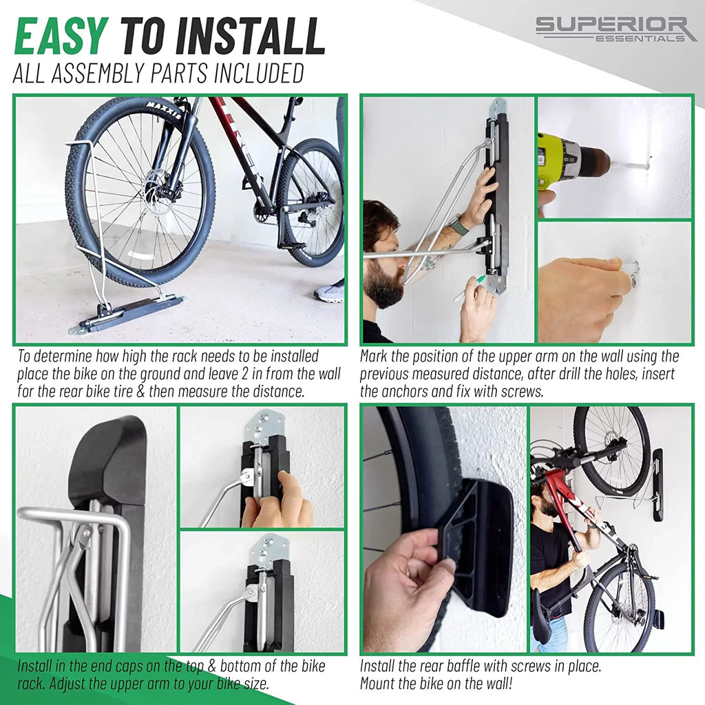 Superior Essentials Vertical Bike Rack - Easy to Hang and Detach, 180-Degree Swivel Swing, Foldable Bike Wall Mount - Maximize Your Garage Space with Our Top-Notch Bike Hangers for Garage Jet