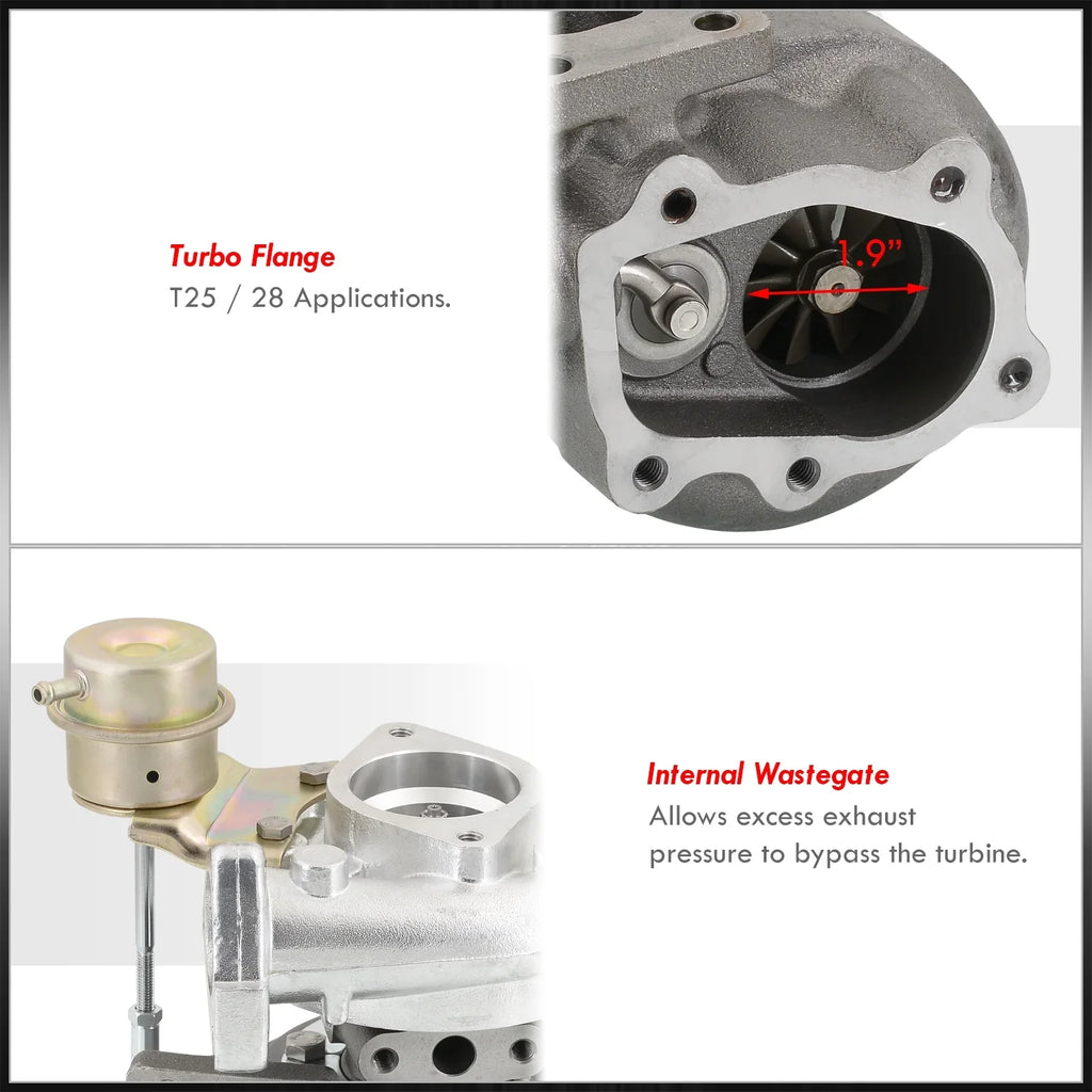 AJP Distributors T25 T28 Hybrid Turbo Charger Oil & Water Cooled Turbocharger + Wastegate 0.86 A/R Turbine 0.60 AR Compressor Ball Bearing 5-Bolt Outlet Flange Compatible/Replacement For Universal Car
