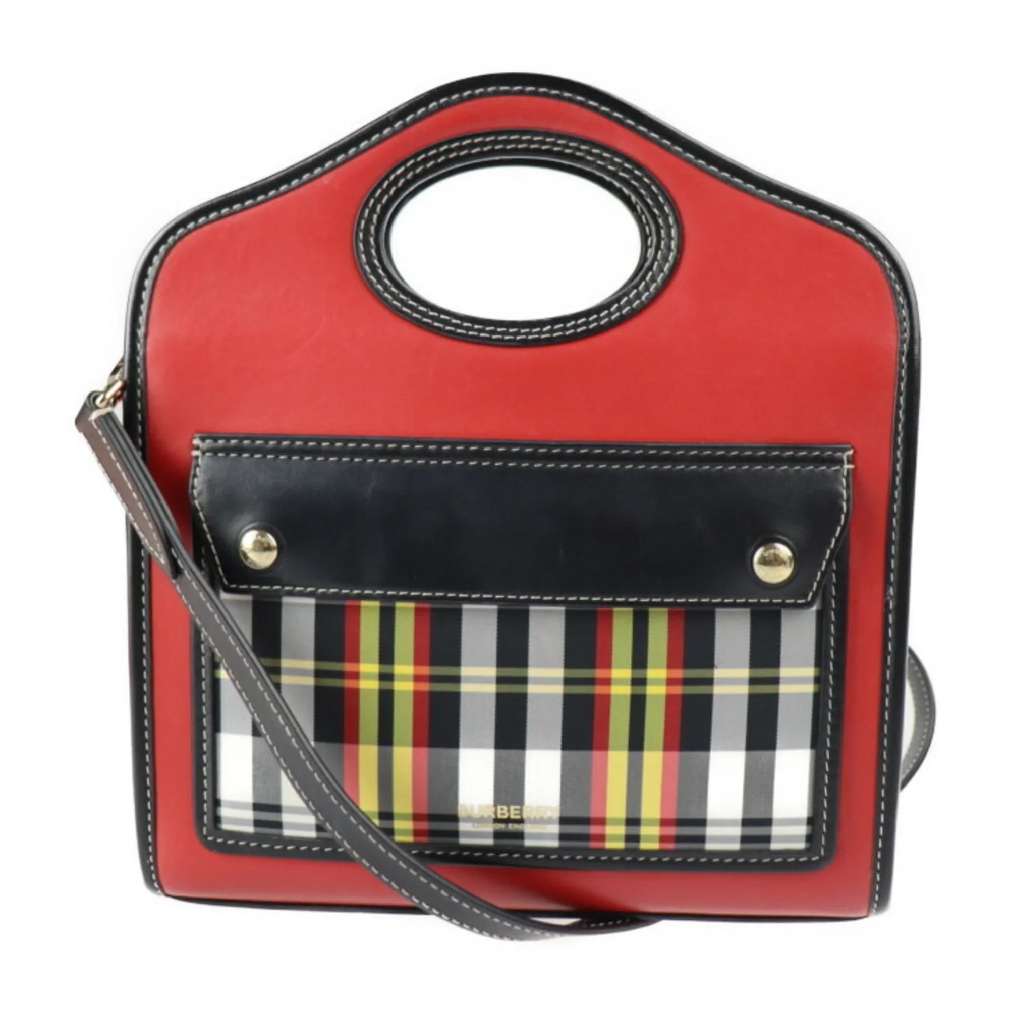 Pre-Owned BURBERRY Burberry mini pocket bag handbag leather nylon canvas red Dark multicolor gold metal fittings check pattern 2WAY shoulder (Good)