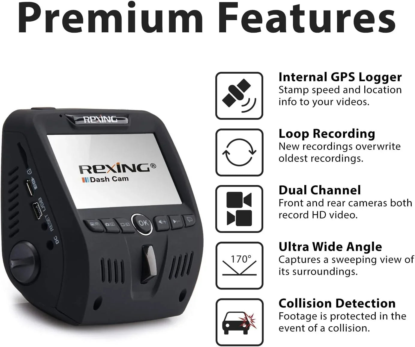 Open Box Rexing V1 Dual Channel Car Dash Cam FHD 1080p - Dark