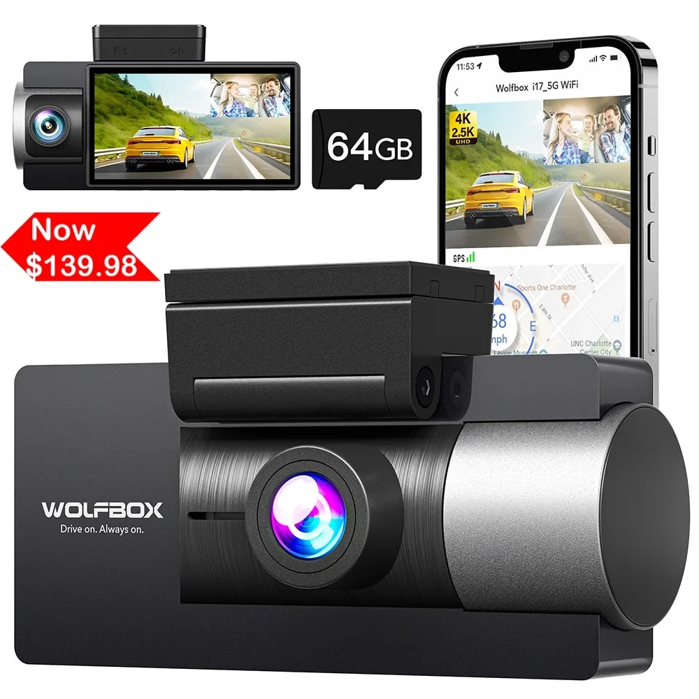 WOLFBOX Dash Cam Front and Rear, 4K+2.5K Dual Dash Camera Built-in 5G WiFi GPS, Dash Cam with Super IR Night Vision, 4K UHD 3" LCD Car Camera with 64GB Card, Vehicle