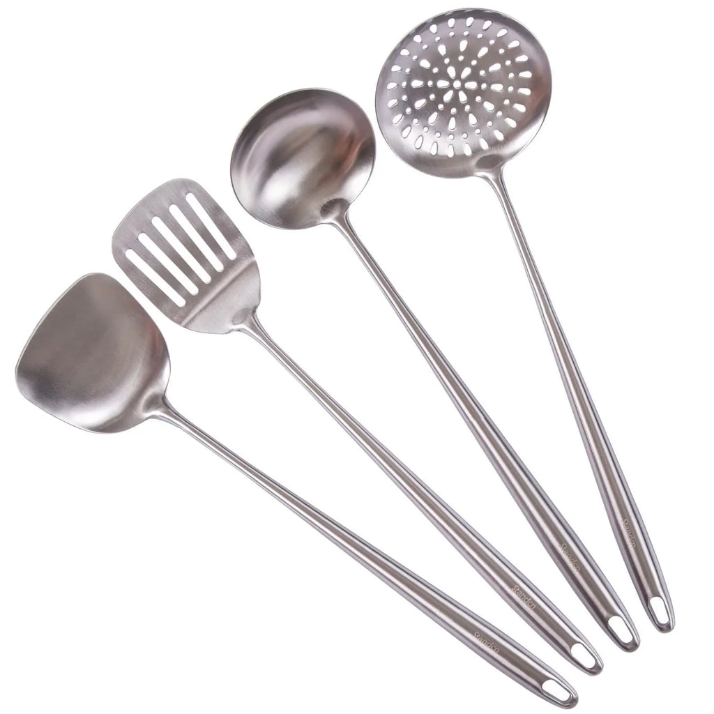 Stiwee 2024 Newest Sale Cooking Equipment Cooker 17Inch Wok Spatula And Ladle Skimmer Spoon Slotted Spatula 304 Stainless Steel Kitchen Utensils Set 4Pieces All Metal Extra Long Handle Cooking Tools