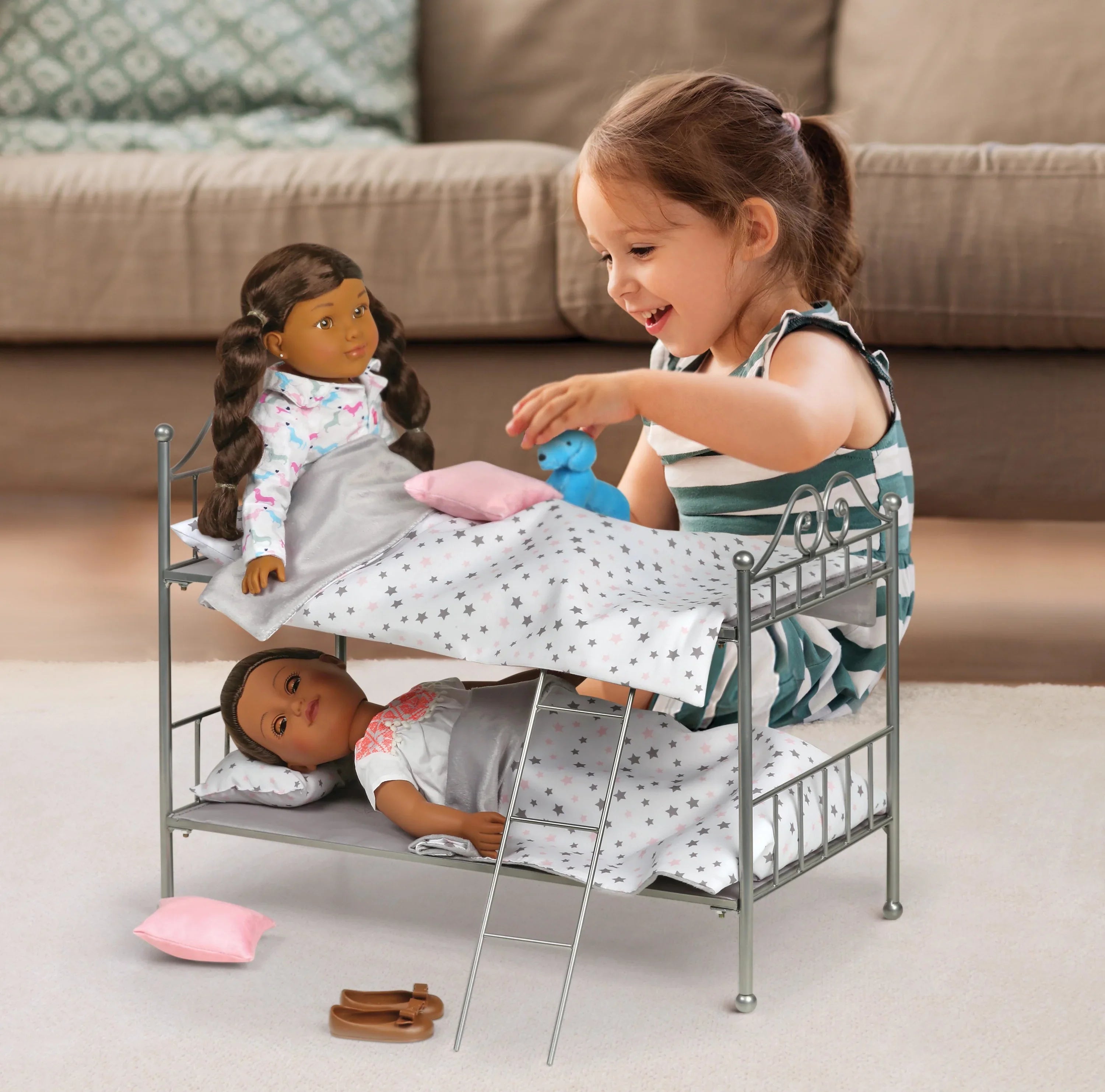 Badger Basket Scrollwork Metal Bunk Bed with Ladder, Bedding for 18 inch Dolls - Silver/Pink