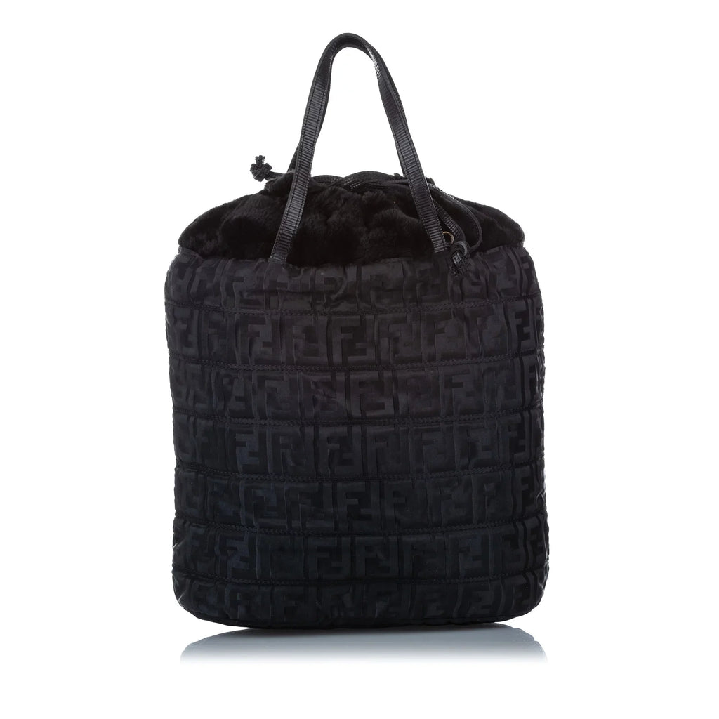 Pre-Owned Fendi Zucca Drawstring Tote Bag Nylon Fabric Jet Satchel Women (Good)