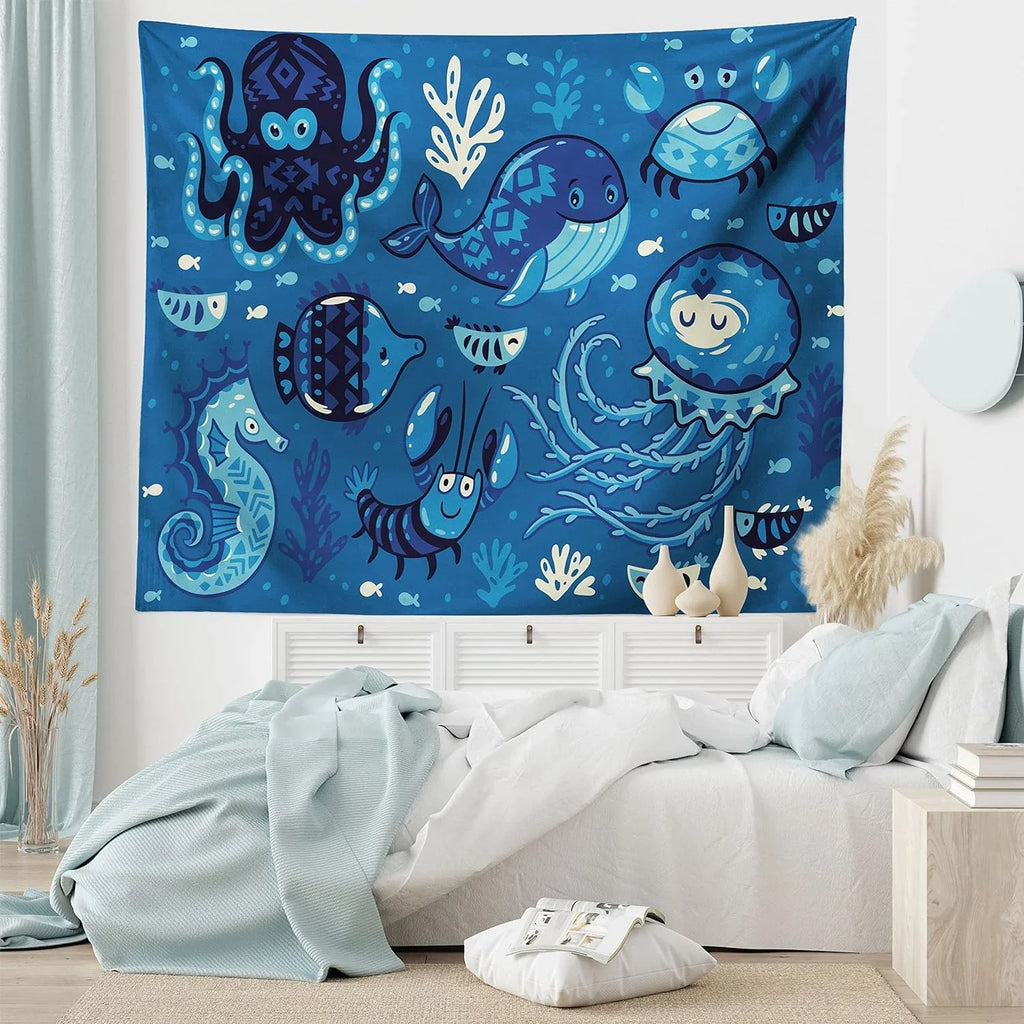 Ocean Tapestry, Deep Sealife With Cartoon Animals Little Whale Fish Octopus And Moss Print, Fabric Wall Hanging Decor For Bedroom Living Room Dorm, 45" X 30", Blue