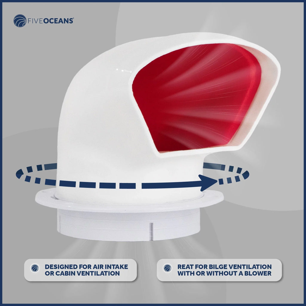 Five Oceans 3-Inch Cowl Vent with Snap-On Deck Plate and Cover, Low Profile UV-Resistant and Flexible Polyvinyl Chloride Red Interior, for Air Intake or Cabin Ventilation- FO88