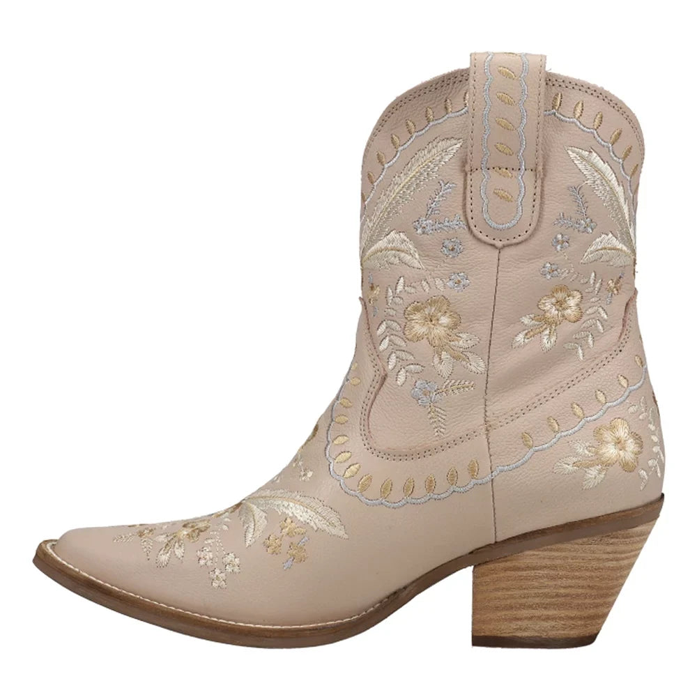 Dingo Womens Primrose Embroidered Floral Snip Toe Casual Boots Ankle Mid Heel 2-3"
