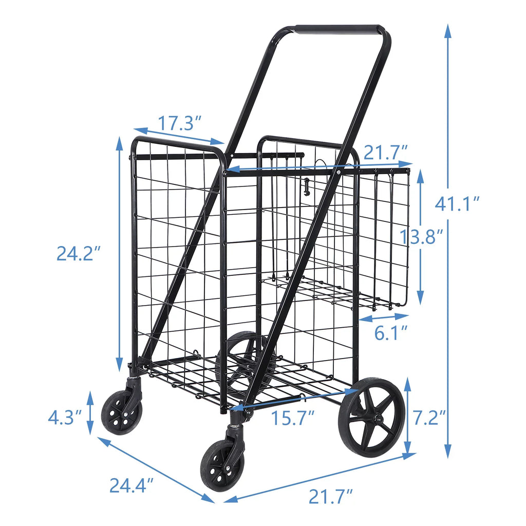 ZENY Folding Utility Shopping Cart with Double Basket and Wheels for Grocery Laundry Book Luggage Travel, Jet