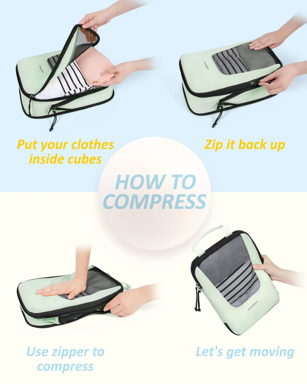 BAGSMART Packing Cubes for Travel, Compression Expandable 6 Pcs Luggage Packing Organizers Foldable Mass Suitcase Storage Bags for Travel Accessories, Green