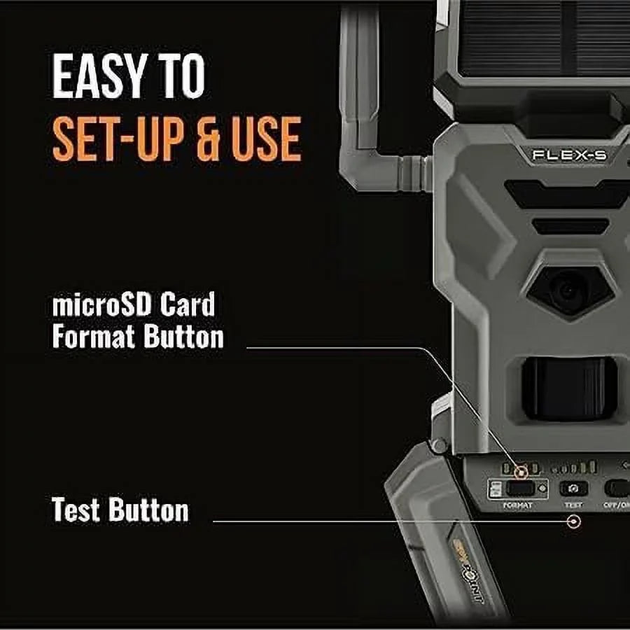 SPYPOINT Flex-S Solar Cellular Trail Camera, Integrated Solar Panel, LTE Connectivity, 100-foot Flash/Detection Range, Internal Battery, Optional Battery Backup + 32GB Micro SD Card