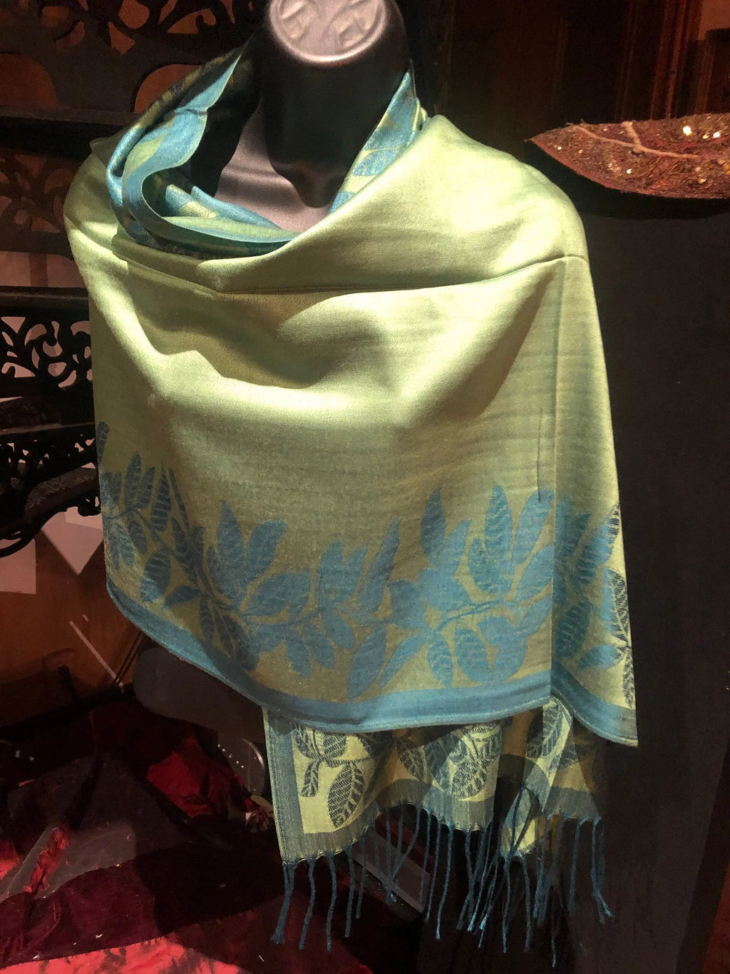 Vintage Teal blue and Green Vine Brocade Reversable Pashmina Scarf Wrap shawl