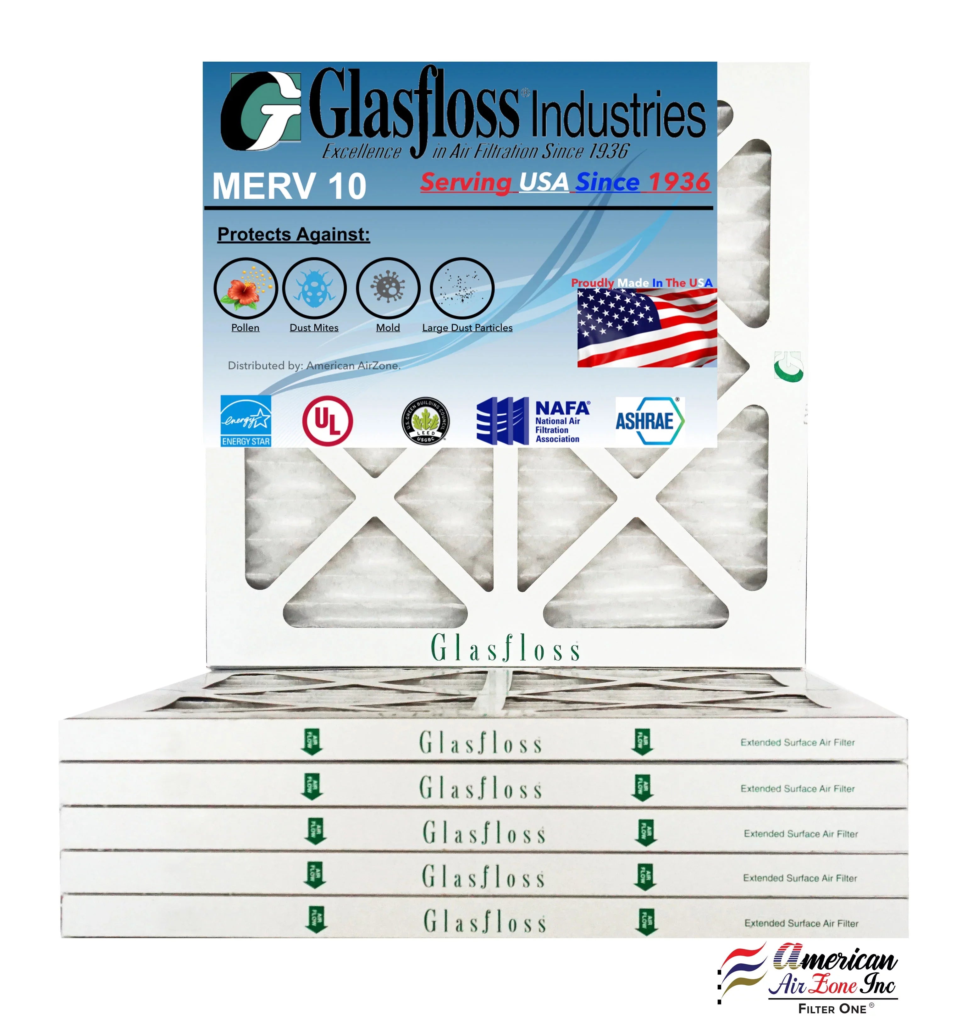Glasfloss 15x15x1 - MERV 10 Quantity - Furnace Air Filter - Made in USA (Actual Size: 14.5 x 14.5x7/8 inch)