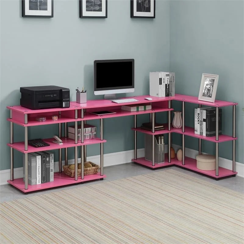 No-Tools Console Table with Shelves in Pink Wood Finish