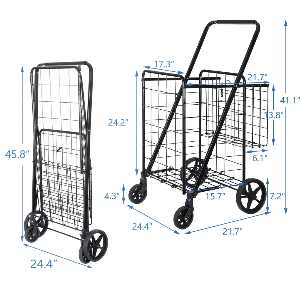 ZENY Folding Utility Shopping Cart with Double Basket and Wheels for Grocery Laundry Book Luggage Travel, Jet