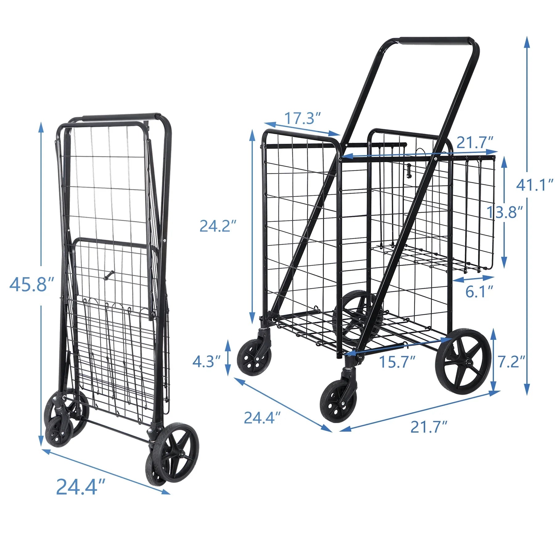 ZENY Folding Utility Shopping Cart with Double Basket and Wheels for Grocery Laundry Book Luggage Travel, Jet