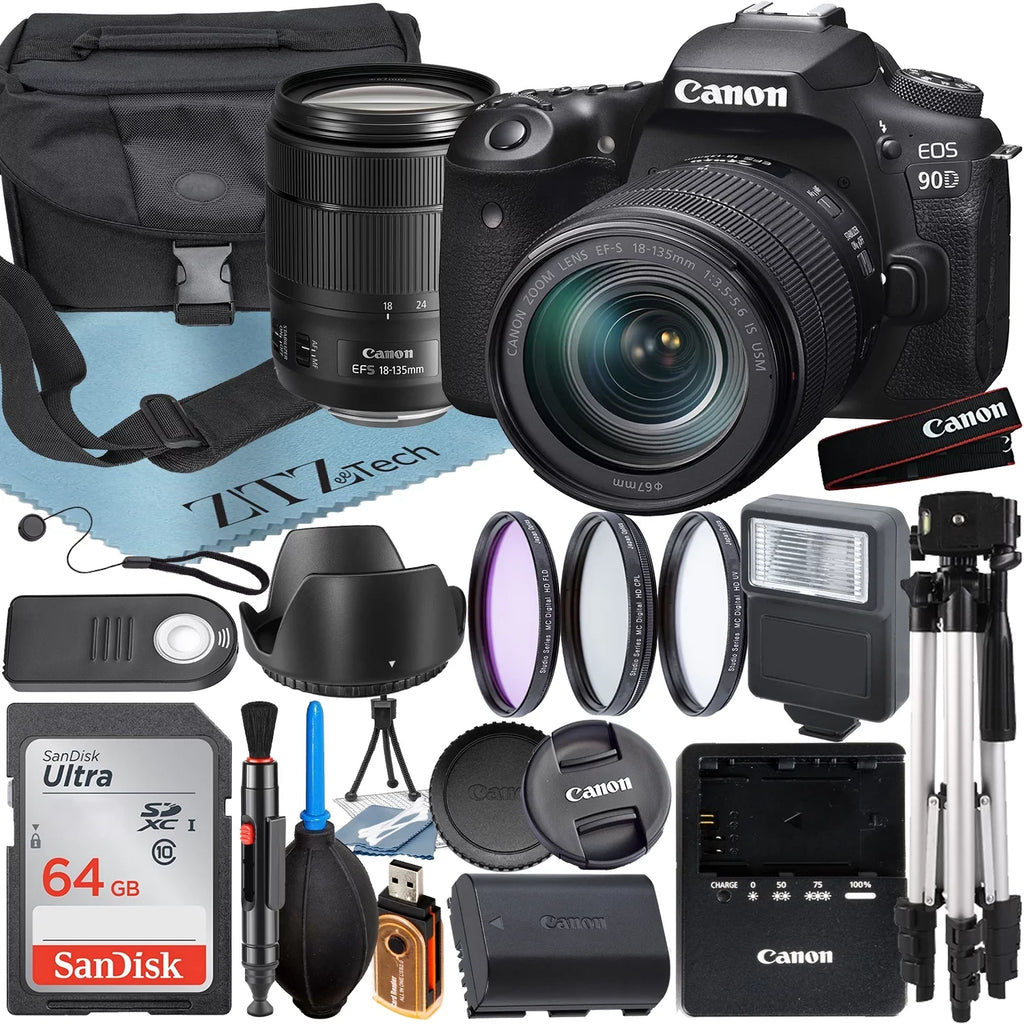 EOS 90D DSLR Camera with 18-135mm IS USM Lens + SanDisk 64GB Card + Case + 3 Pieces Filter + Flash + ZeeTech Accessory Bundle