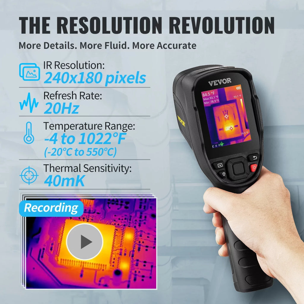 VEVOR Thermal Imaging Camera, 240x180 IR Resolution with 2MP Visual Camera, 20Hz Refresh Rate Infrared Camera with -4℉~1022℉ Temperature Range, 64G Built-in SD Card and Rechargeable Li-ion Battery