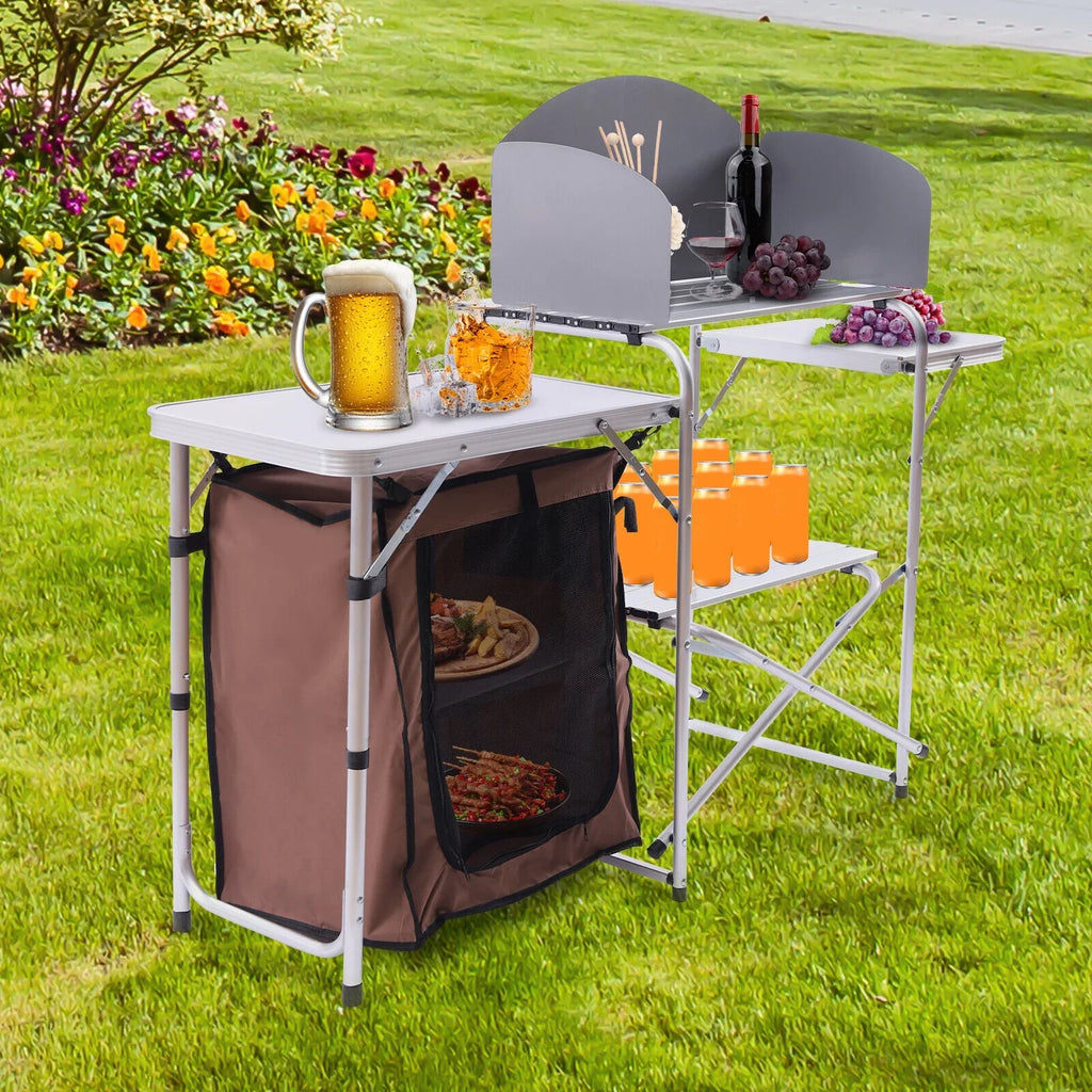 DENEST Folding Camping Kitchen Station Portable Barbecue Table Rack Brown Fabric Cover