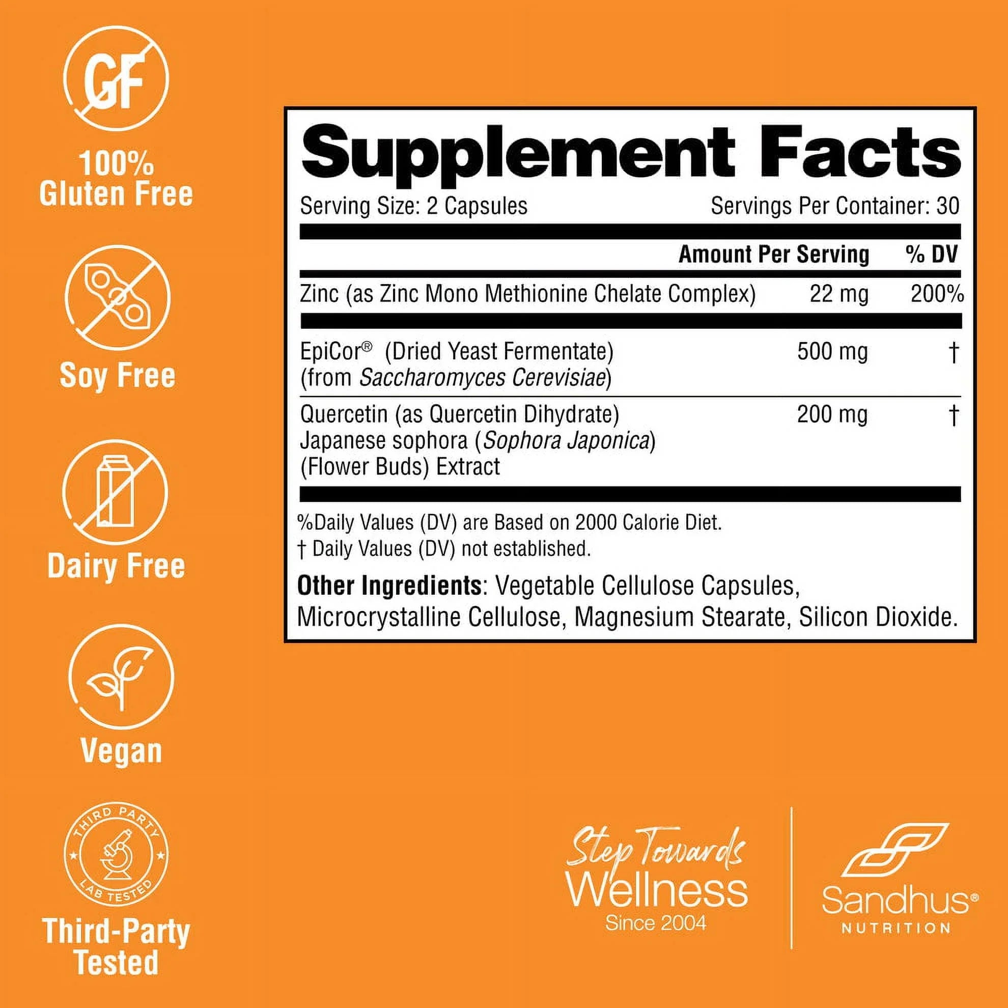 Sandhu’s Zinc with 200mg Quercetin, 500mg EpiCor® (Fermentate) - Year-Round Immune Support, 30 Servs