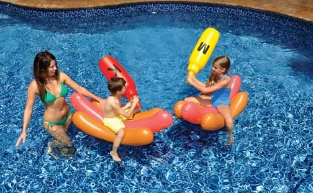 Set of 2 Inflatable Hot Dog Ride On Swimming Pool Battle Set with Boppers Game - 56"