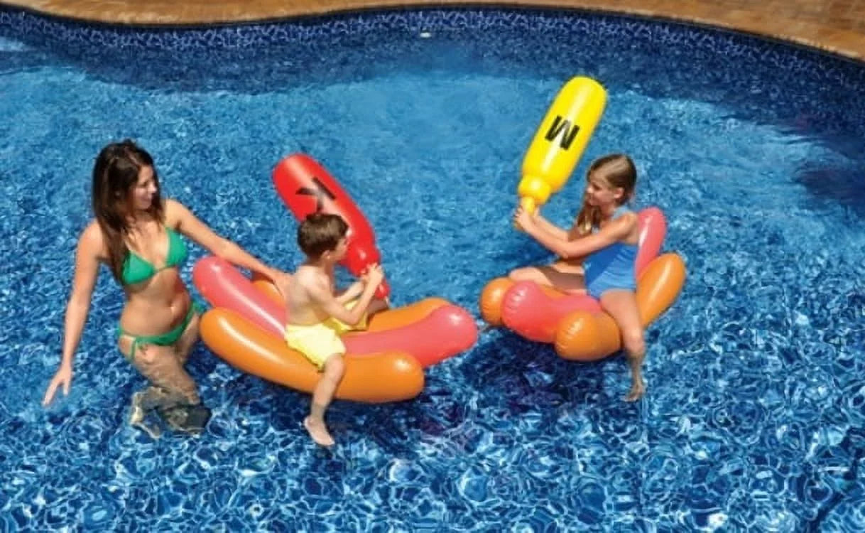 Set of 2 Inflatable Hot Dog Ride On Swimming Pool Battle Set with Boppers Game - 56"
