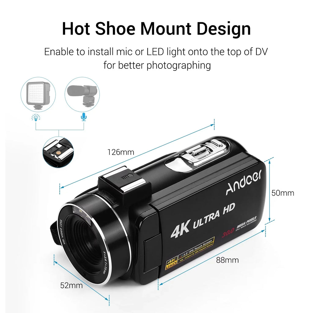 Andoer 4K Handheld DV Professional Digital Video CMOS Sensor Camcorder with Hot Shoe for Mounting Microphone 3.0 Inch IPS Burst -Shaking Function