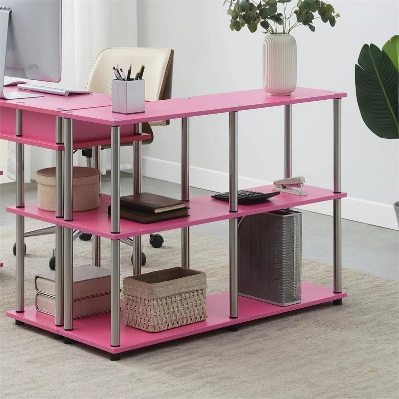 No-Tools Console Table with Shelves in Pink Wood Finish