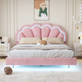 CoSoTower Queen Upholstered Smart LED Bed Frame with Elegant Flowers Headboard,Floating Velvet Platform LED Bed with Wooden Slats Support,Pink