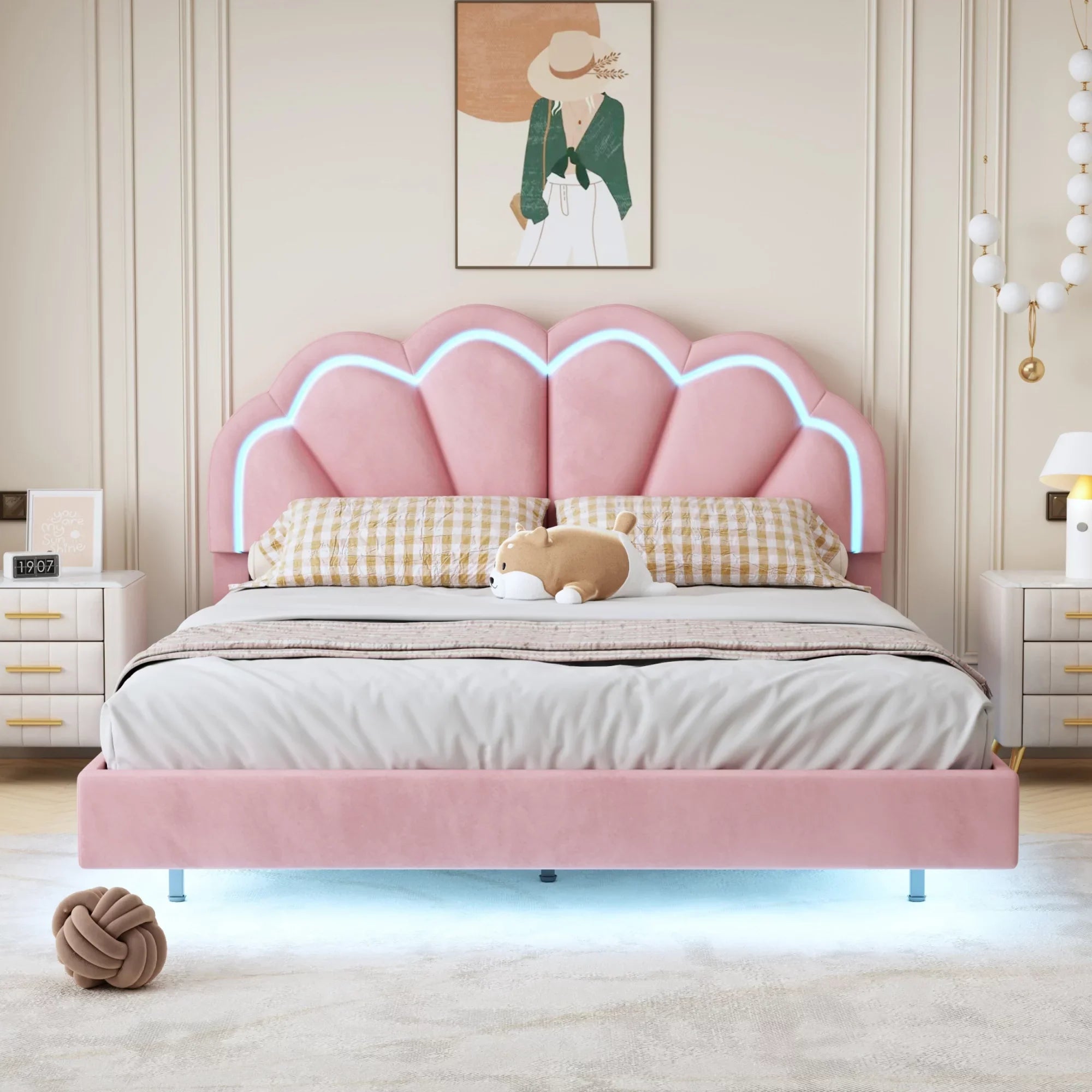 CoSoTower Queen Upholstered Smart LED Bed Frame with Elegant Flowers Headboard,Floating Velvet Platform LED Bed with Wooden Slats Support,Pink