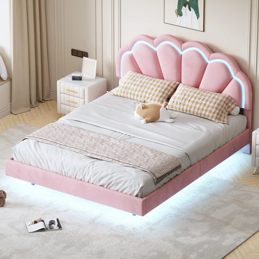 CoSoTower Queen Upholstered Smart LED Bed Frame with Elegant Flowers Headboard,Floating Velvet Platform LED Bed with Wooden Slats Support,Pink