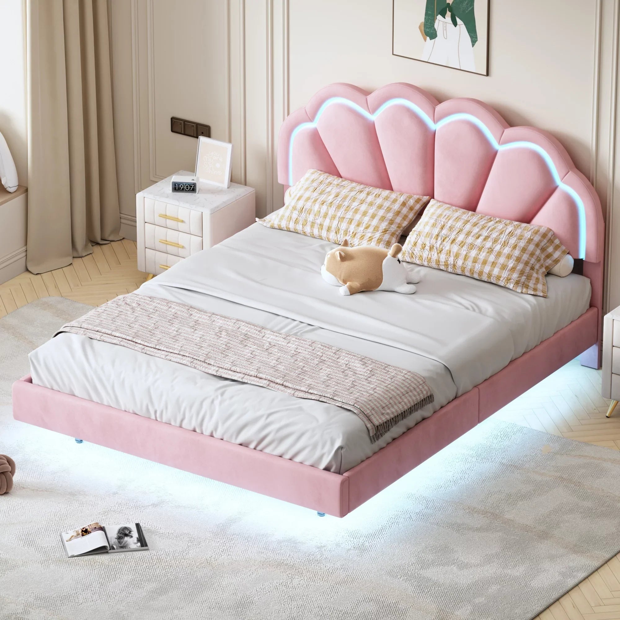 CoSoTower Queen Upholstered Smart LED Bed Frame with Elegant Flowers Headboard,Floating Velvet Platform LED Bed with Wooden Slats Support,Pink