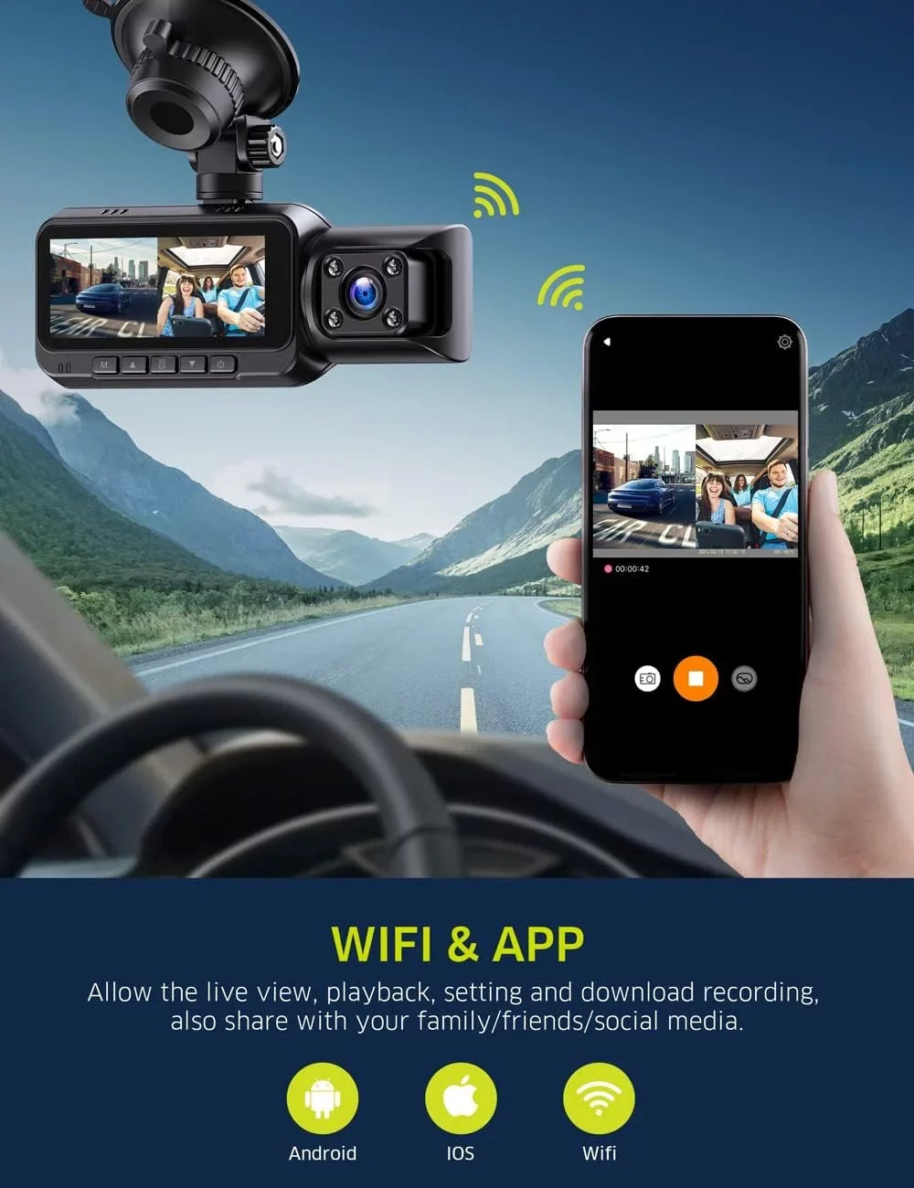 TOGUARD Dash Cam Front Rear, 4K Full HD Dash Camera for Cars, Free 64GB Card, Built-in Wi-Fi GPS, 3.16” IPS Screen, Night Vision, 170°Wide Angle, WDR, 24H Parking Mode