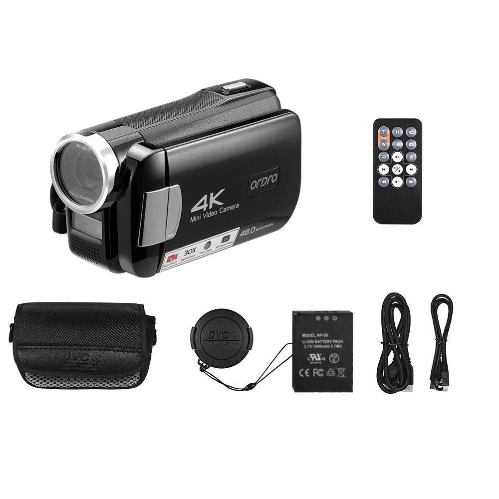 Carevas AC2 4K Digital Video Camcorder DV Recorder 48MP 30X Digital Zoom IR Night Vision 3.0 Inch IPS Touchscreen with Battery Remote Control Carry Bag