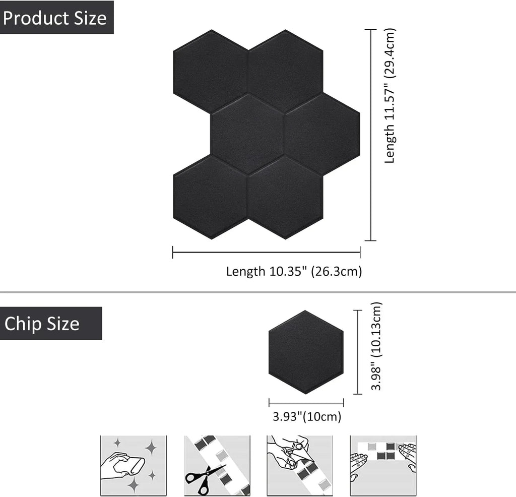 Real 3D Matte Dark Self Adhesive PET Tiles Big Hexagon Peel and Stick Backsplash for Kitchen Bathroom(11.57''x10.35'',10-Sheet)