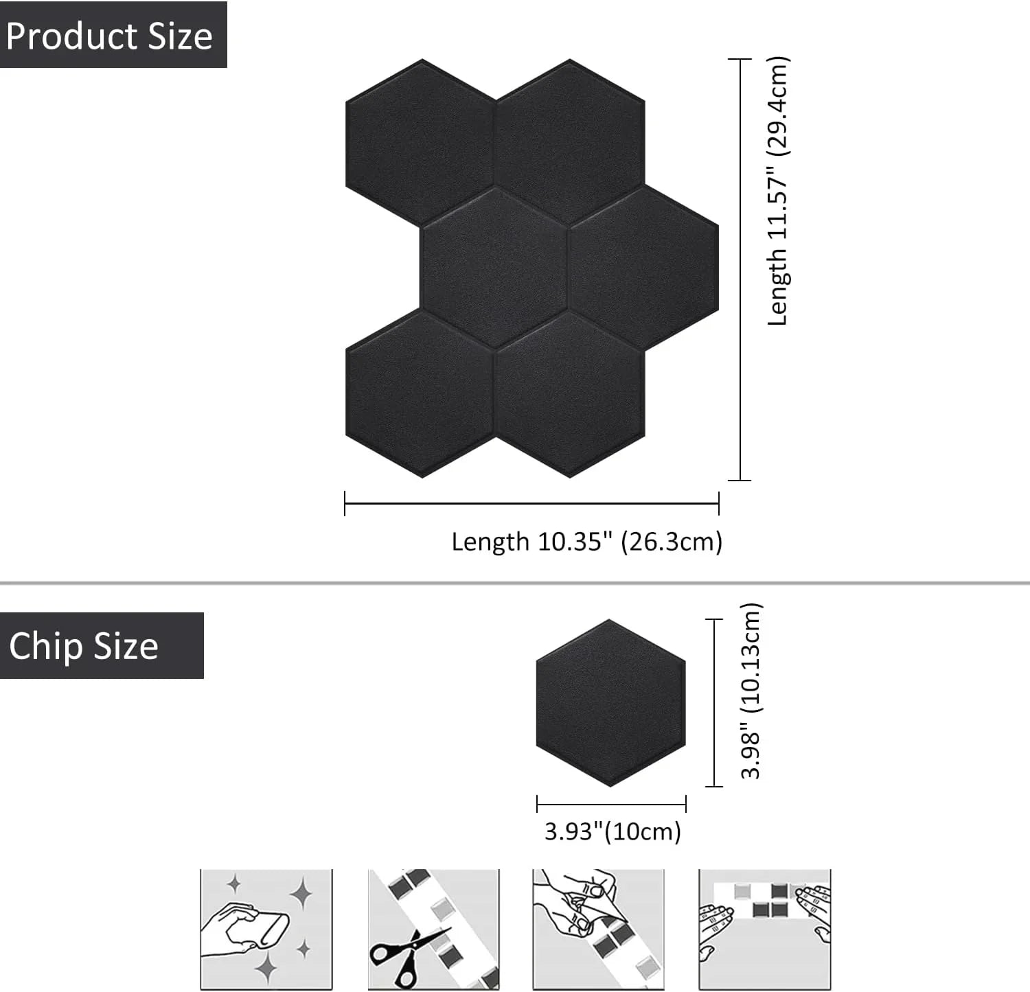 Real 3D Matte Dark Self Adhesive PET Tiles Big Hexagon Peel and Stick Backsplash for Kitchen Bathroom(11.57''x10.35'',10-Sheet)