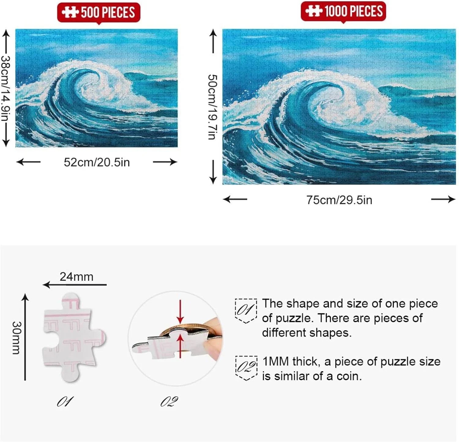 SKYSONIC Sea Waves (5) 1000 Pcs of Irregular Puzzle in a Box, Printed with Colored Letters on Back to Reduce Difficulty, a Happy Time of Cooperation,for Adults and Kids(20.5x14.9In)