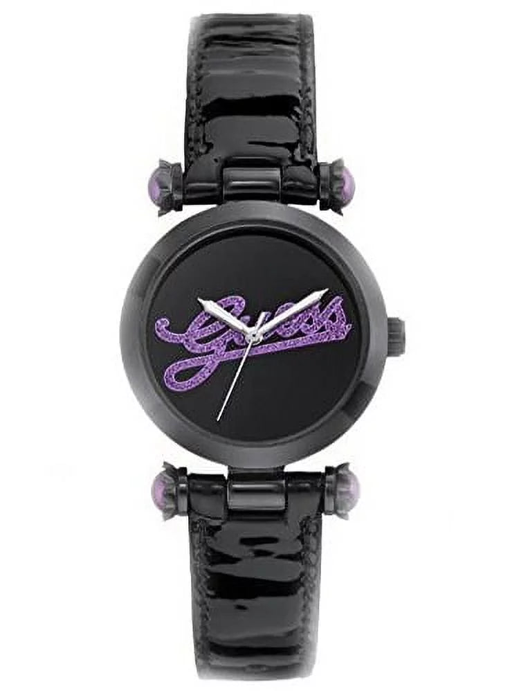 GUESS Women's On Trend Iconic Style Purple Glitz Logo Dark Patent Leather Strap Watch U0057L6